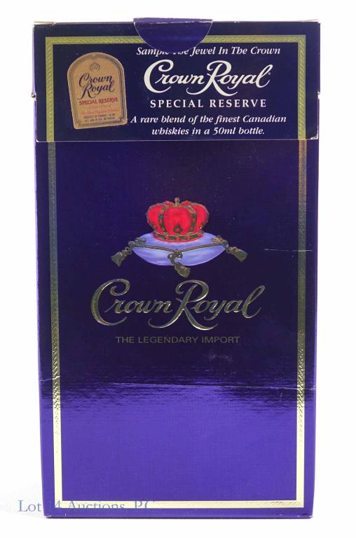 Crown Royal Whisky & 50ml S.R.: **IF YOU NEED SHIPPING ON BOTTLES OR DECANTERS PLEASE CALL US BEFORE BIDDING! 847-625-0555!** 80 proof, 750ml and sealed box- box has damage. The 50ml Special Reserve feels like it is still in top. Th