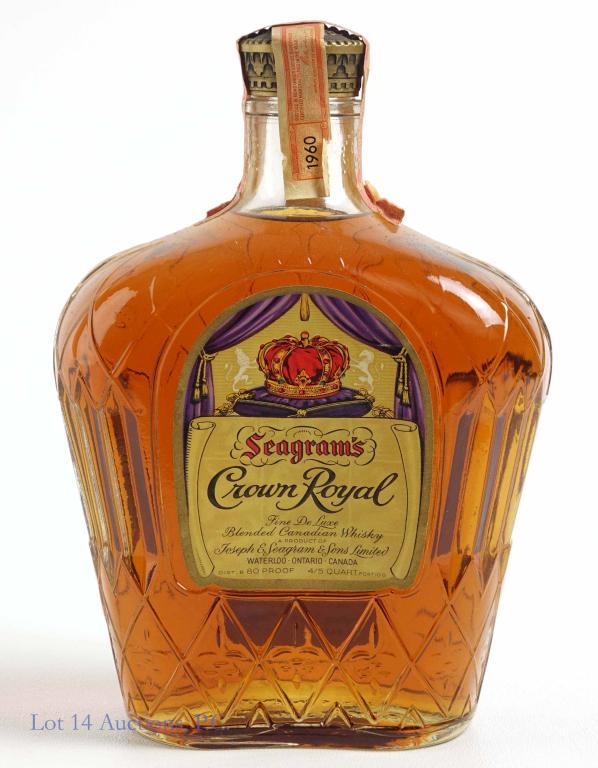 1960 Crown Royal Canadian Whisky: **IF YOU NEED SHIPPING ON BOTTLES OR DECANTERS PLEASE CALL US BEFORE BIDDING! 847-625-0555!** 1960 Crown Royal Canadian whisky. Full and sealed. 80 proof. 4/5 quart.