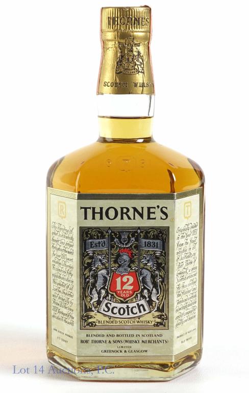 Thorne's Blended Scotch Whisky - 12 Year: **IF YOU NEED SHIPPING ON BOTTLES OR DECANTERS PLEASE CALL US BEFORE BIDDING! 847-625-0555!** Thorne's blended Scotch whisky. 12 years. Full & sealed. 86.8 proof. 4/5 quart.
