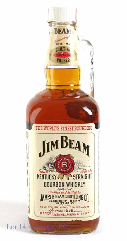 Jim Beam Bourbon Whiskey (1.75 L): ** IF YOU NEED SHIPPING ON BOTTLES OR DECANTERS PLEASE CALL US BEFORE BIDDING! 847-625-0555! ** Jim Beam Kentucky bourbon whiskey. Full & sealed. 80 proof. 1.75 liters.