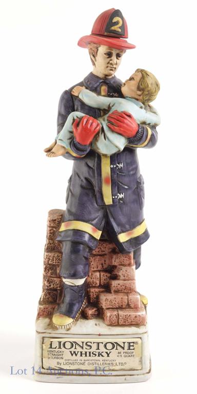 1974 Lionstone Whiskey Firefighter Decanter: ** IF YOU NEED SHIPPING ON BOTTLES OR DECANTERS PLEASE CALL US BEFORE BIDDING! 847-625-0555! ** 1974 Lionstone Kentucky straight bourbon whiskey Firefighter decanter. Sounds full and sealed. 86 proof.