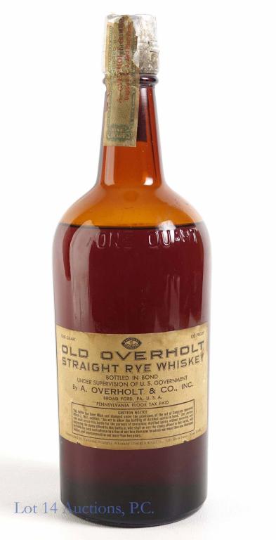 1934 Pre-Prohibition Old Overholt Straight BiB Rye Whiskey: ** IF YOU NEED SHIPPING ON BOTTLES OR DECANTERS PLEASE CALL US BEFORE BIDDING! 847-625-0555! ** Old Overholt straight rye whiskey. Bottled in Bond. Made Spring 1930 - Bottled Fall 1934. Front label mi