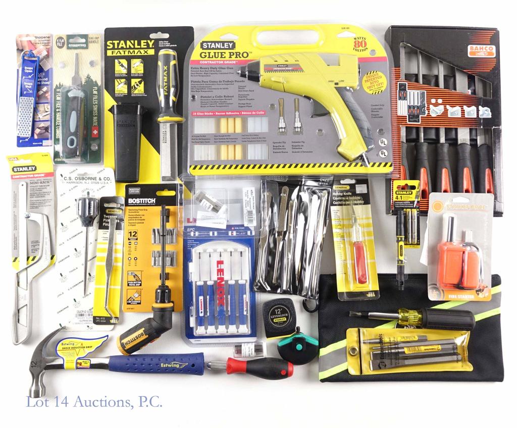 Crafting Tools and Hardware Lot (20+): 20+ Crafting Tools. Almost all new with boxes/tags Stanley Extra Heavy Duty Glue Gun, 4 Single screwdrivers, 5 piece Punch and Chisel kit, Striking awl, Mini Hack Saw, Klein Tools tool bag, hammer, me