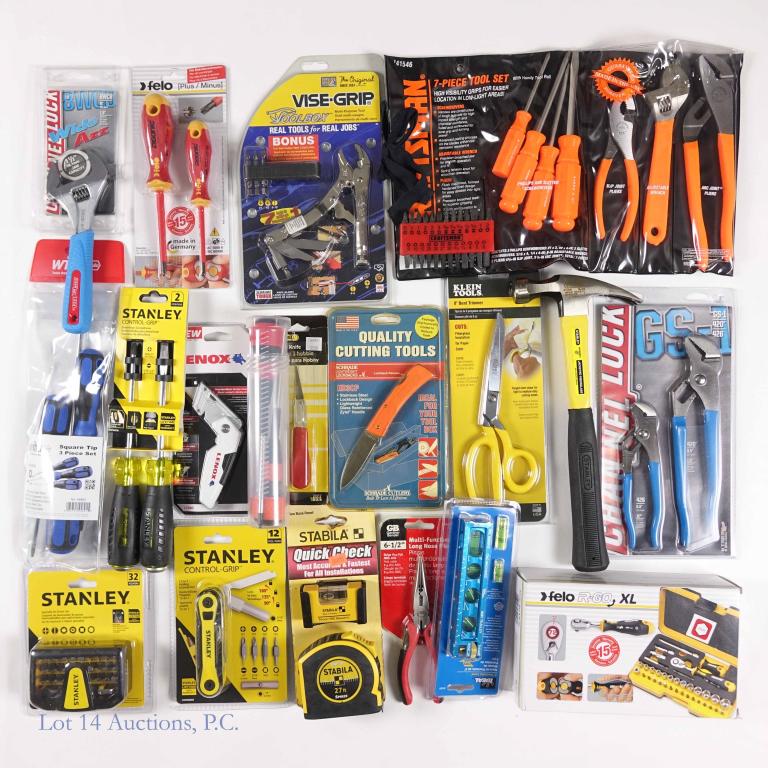 Tools and Hardware Lot 3 (15+): 15+ Tool Lot. All new in boxes & w/ tags. Scissors, 3 types of blades, Hammer, 6 different sets of screwdrivers and 2 sets of driver bits, Levels, measuring tape, Wrenches, Pliers and Felo Wrench set