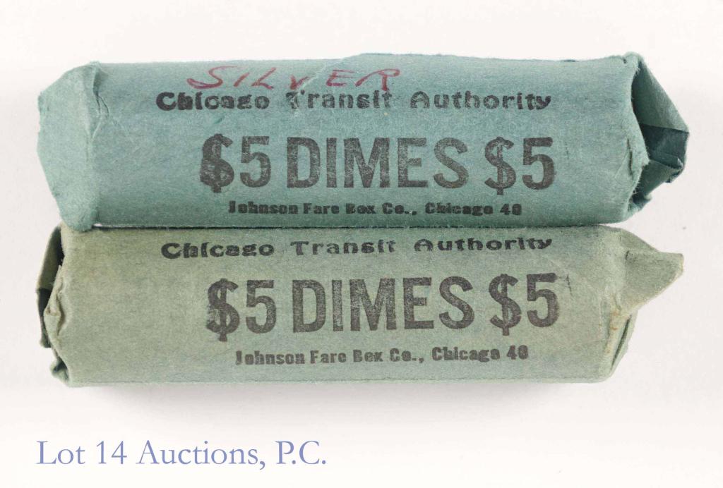 Silver Dimes in 2 CTA Paper Rolls (100): 100 dimes (likely Roosevelt dimes) - in 2 vintage Chicago Transit Authority paper rolls. We guarantee 100 dimes - 90% silver. One of the paper rolls is torn, but otherwise has remained intact.
