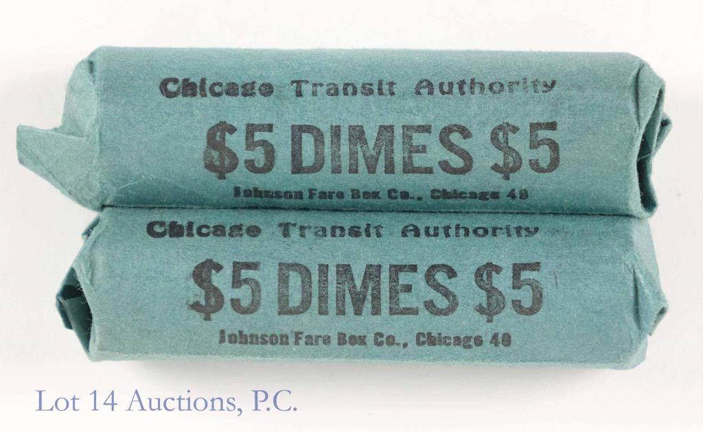 Silver Dimes in 2 CTA Paper Rolls (100): 100 dimes (likely Roosevelt dimes) - in 2 vintage Chicago Transit Authority paper rolls. We guarantee 100 dimes - 90% silver.