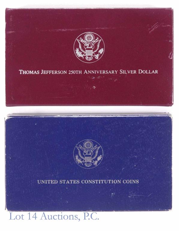 Jefferson & Constitution Proof Commemoratives: 1987-s U.S. Constitution Bicentennial commemorative proof silver dollar (90% silver). In original U.S. Mint packaging (outer sleeve is rough) with COA. *** 1993-s Thomas Jefferson Sestercentennial com