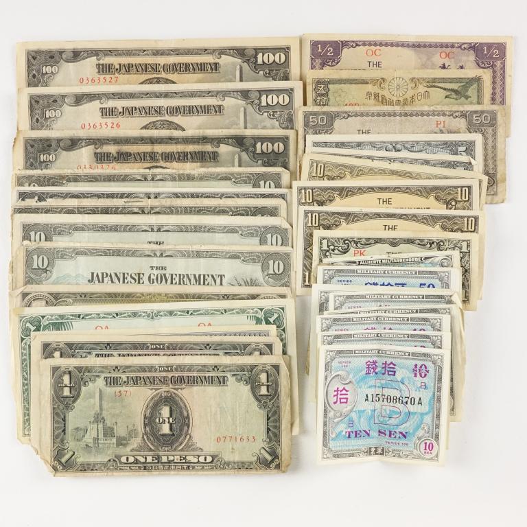 WWII Era Currency (Some Consec. Serial numbers): WWII era currency notes, some with consecutive serial numbers. This lot includes:. (3) 100 Japanese peso notes (2 consec. serial numbers). Japanese peso notes: (5) 10 peso, (1) 5 peso, (2) 1 peso, (1)