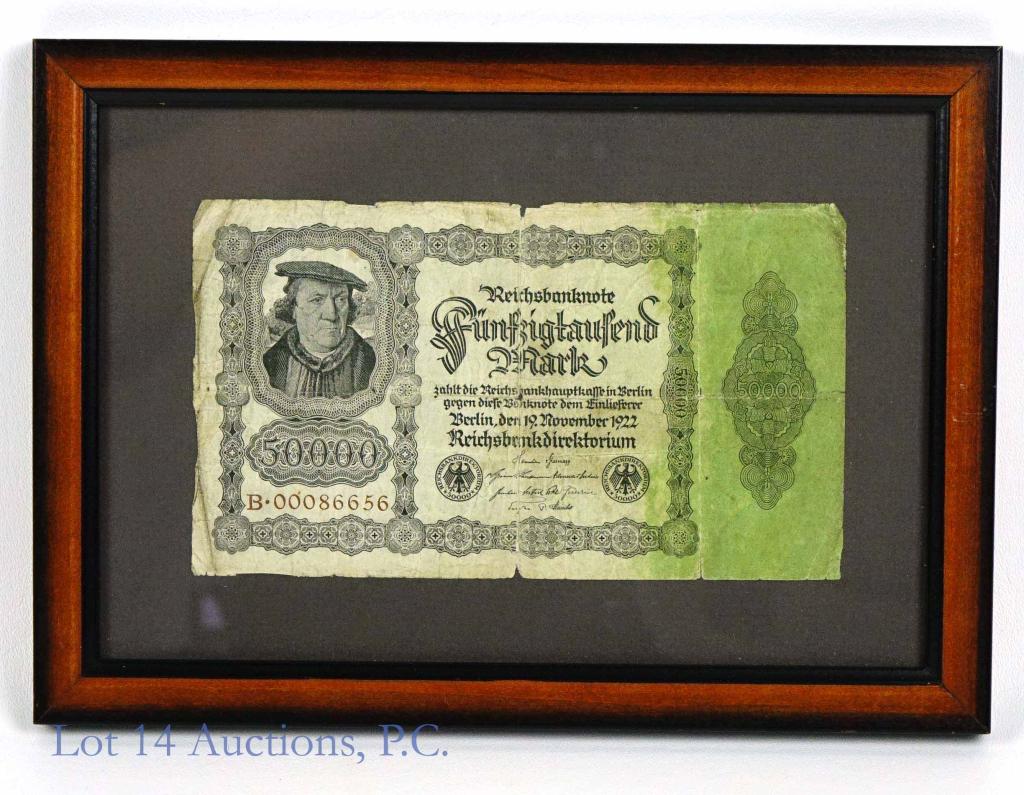 1922 German Bill 50,000 Marks: Reichsbank note. Dated Nov. 19th, 1922. Framed. Some rips and bends observed on bill.