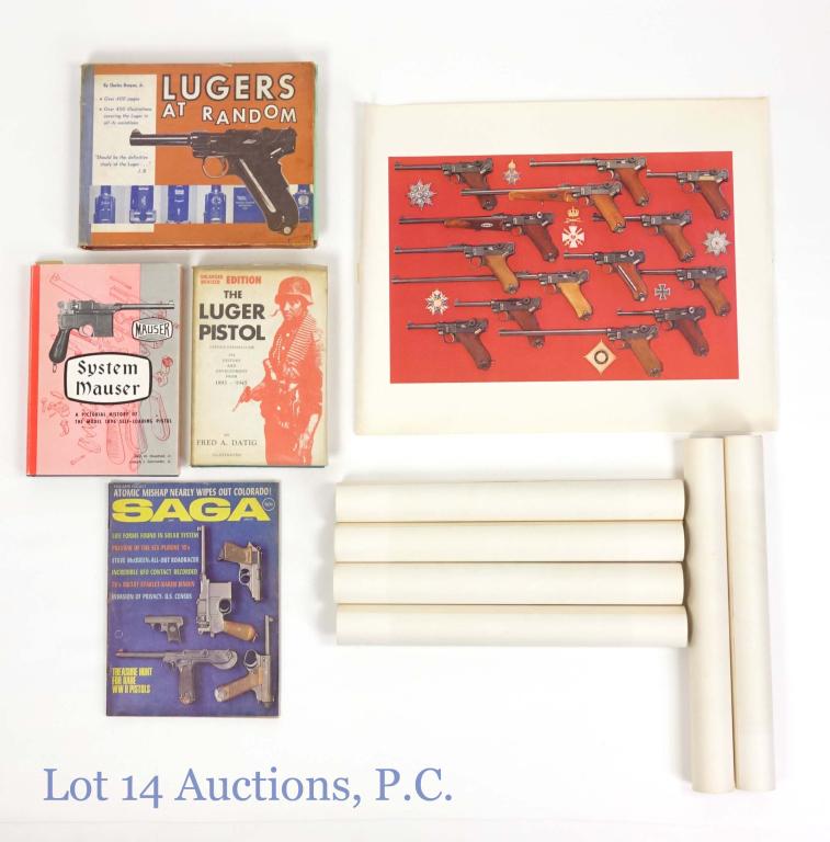 Vintage Gun / Handgun Posters & Books: Vintage Gun / Handgun Posters & Books. All posters measure 20x16. Also includes some vintage books and magazines (The Luger Pistol, System Mauser, Lugers At Random & Saga).
