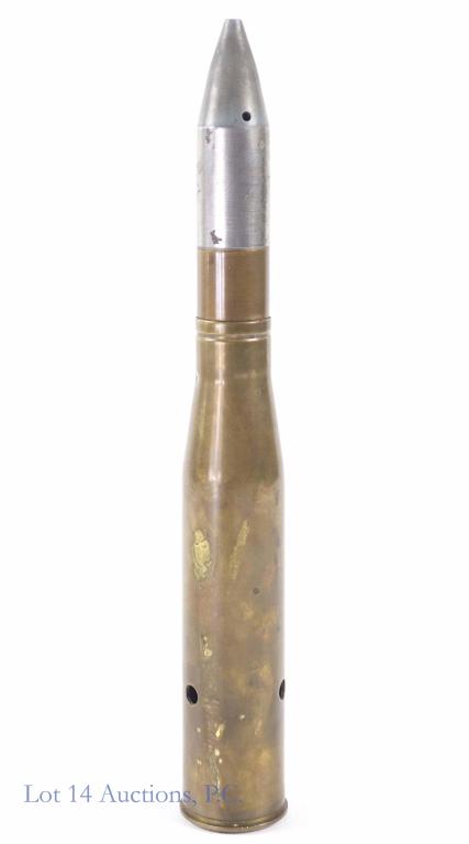 WWII 1.1" Caliber Dummy Drill Antiaircraft Round: Rare WWII 1.1" caliber dummy drill antiaircraft practice round. Dated 1943. The 1.1"/75 caliber gun was used by the U.S. Navy, designed with four barrels, nicknamed the "Chicago Piano." The guns were 