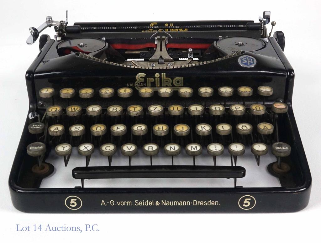 German Naumann Erika Typewriter: Model 5. Circa 1938. Manufactured by Seidel and Naumann of Dresden with glass covered keys. Serial # 659426.