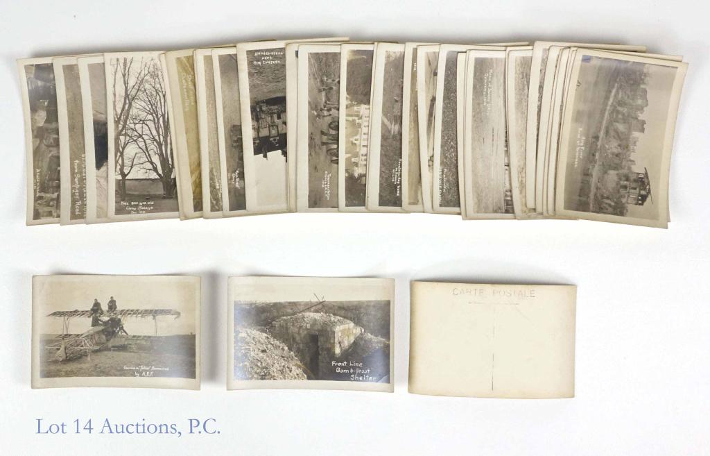 WWI Real Photo Postcards: St. Mihiel, Meuse River, German Bunkers, Airplane, Trenches. 39 total. 18 military themed- the rest depicting the French countryside. Many dated 1918.
