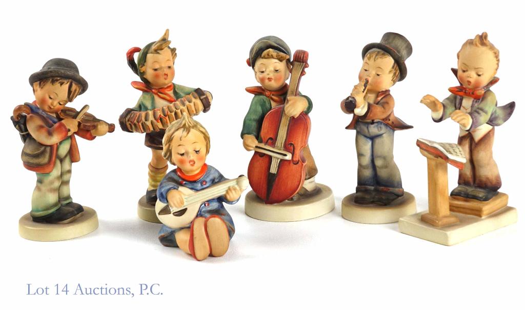 Goebel Hummels - Musicians & Conductor (6): Conductor - Western Germany, 50025. "Joyful" - W. Germany, 50173. "Sheet Music" - Western Germany, 50191. Violin player - Western Germany, 4 77. Flute player - Western Germany, 50022. Concertina playe