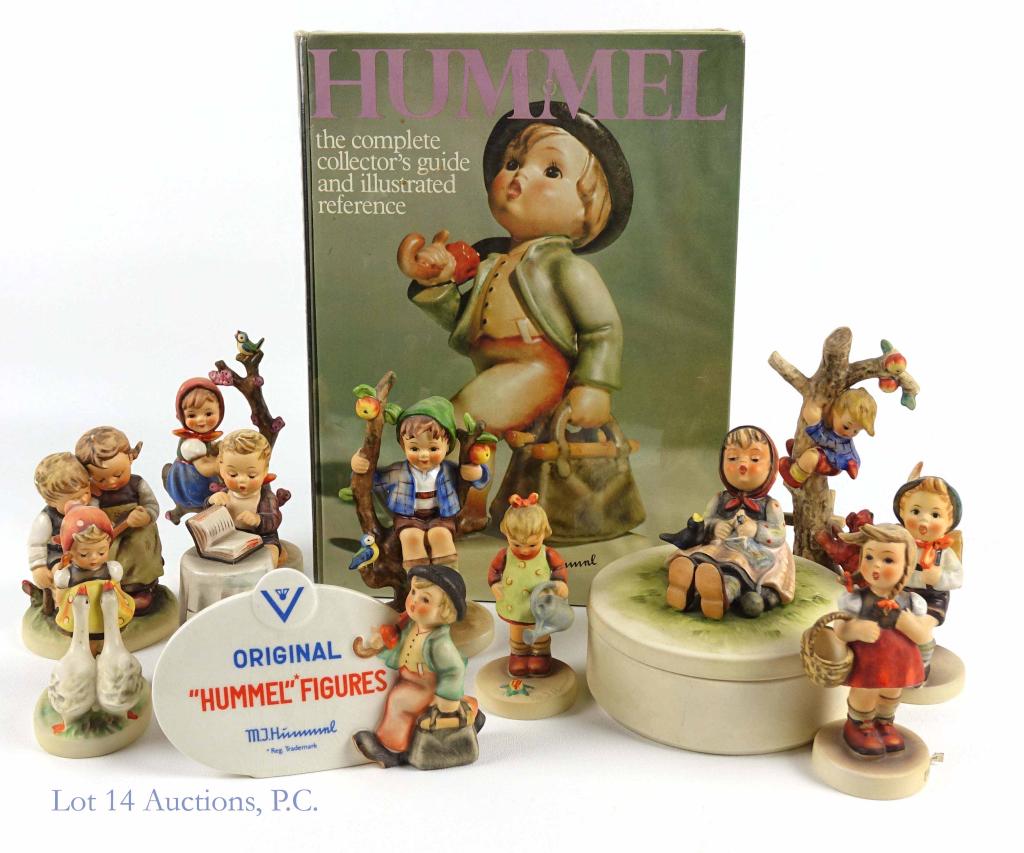 Goebel Hummels - 9 Figures, Jar, Sign & Book: "Culprits" - W. Germany, 50294. "Apple Tree Boy" - W. Germany, 50010. "Apple Tree Girl" - W. Germany, 50009. "Little Bookkeeper" - W. Germany, 50275, 306, 1955. "Smart Little Sister" - W. Germany, 502