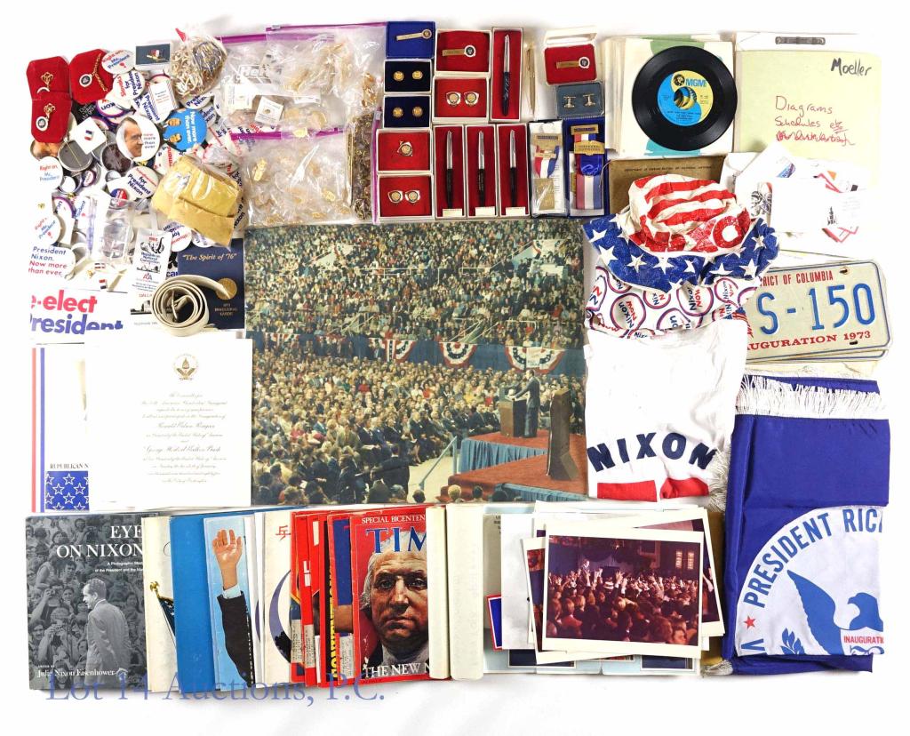 Richard Nixon Ephemera, Campaign, Jewelry, License Plates, China Trip: Document folder "Moeller" containing: diagrams, schedules, lists and events. 15+ vinyl's "More Than Ever" (theme song); "The Mike Curb Congregation by Bob Summers"- all in paper sleeves. "Nixon Now Ra