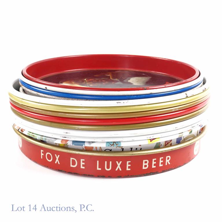 Vintage Beer Trays (14): Vintage 1950s+ beer trays (14). Various brands (Schlitz, Blue Ribbon, Leinenkugel's, Grain Belt, Fox Deluxe). Smaller trays (Budweiser, Ballantine's, Knickerbocker, Old Style, Genesee). A bit dirty an