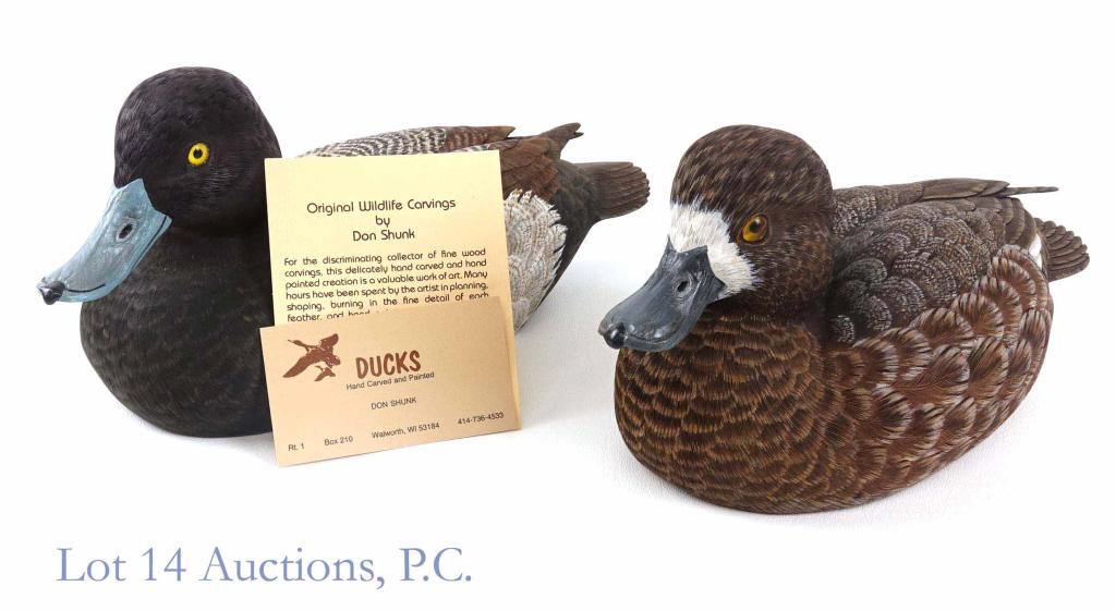 Don Shunk Painted Duck Decoy Carvings (2): (2) Don Shunk carved and painted ducks: Lesser Scoup signed and dated 7-23-88. Lesser Scoup signed and dated 2-25-91.