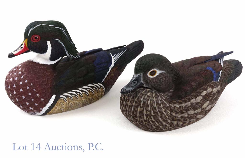 Don Shunk Painted Duck Decoy Carvings (2): (2) Don Shunk carved and painted ducks: Wood Duck signed and dated 2-5-92. Wood Duck signed and dated 4-8-94.