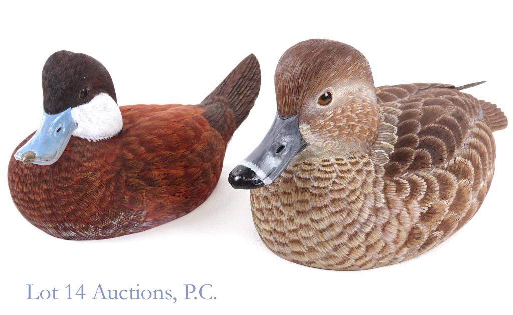 Don Shunk Painted Duck Decoy Carvings (2): (2) Don Shunk carved and painted ducks: Red Head signed and dated 11-9-99. Ruddy signed and dated 6-14-89.