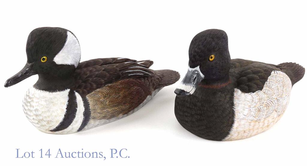 Don Shunk Painted Duck Decoy Carvings (2): (2) Don Shunk carved and painted ducks: Ring-Necked signed and dated 8-17-88. Hooded Merganser signed and dated 10-8-92.