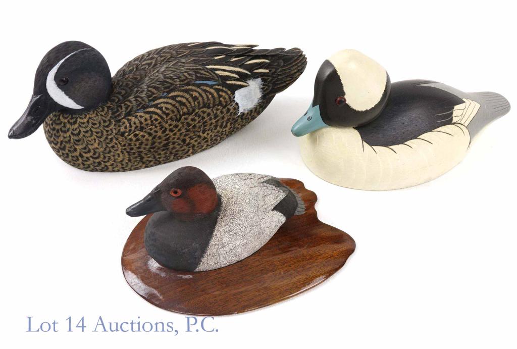 Don Shunk Painted Duck Decoy Carvings (2): 3 carved and painted ducks: Blue-Winged Teal (signed by Don Shunk and dated 2-24-89). Bufflehead Drake (from Wildflower Decoys - signed, but we cannot read the signature). Canvasback Drake (signed by 