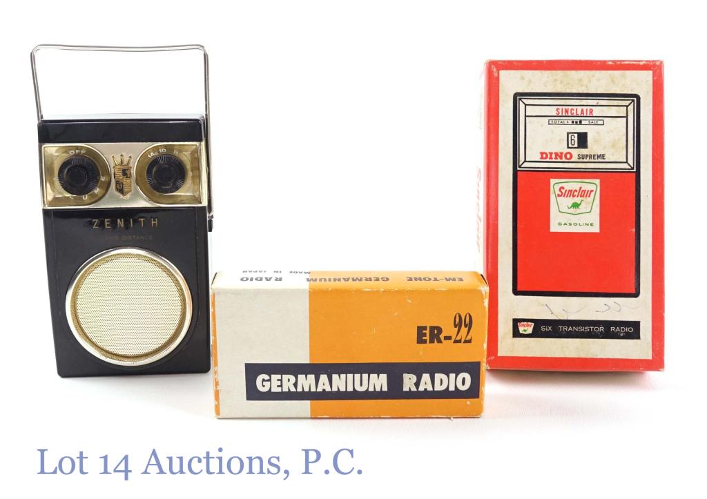 Vintage Transistor Radios (3): Em-Tone Germanium Radio ER-22 with headphones, in box with instructions. Zenith Royal 500 Deluxe tubeless-all transistor radio, no box. Sinclair "Dino Supreme Gasoline" six transistor radio, model 162