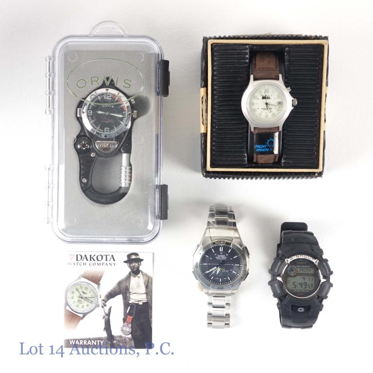 Watches (4) - New Old Stock: Casio Wavecepto Atomic Timekeeping. Casio self-charging g-shock M/N 3195, with literature. REI trail light night vision (in box with literature)- mag flip clip watch. Orvis carabiner compass watch #88