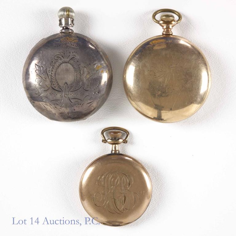 Pocket Watches (6): Elgin- sterling case, grade 465- 15 jewels - 1926. Elgin grade 109- 7 jewels - 1894. Waltham- small- engraved "Chris to Ida Christmas 1902." Illinois Watch Co. (2036373)- works intermittingly. Elgin g