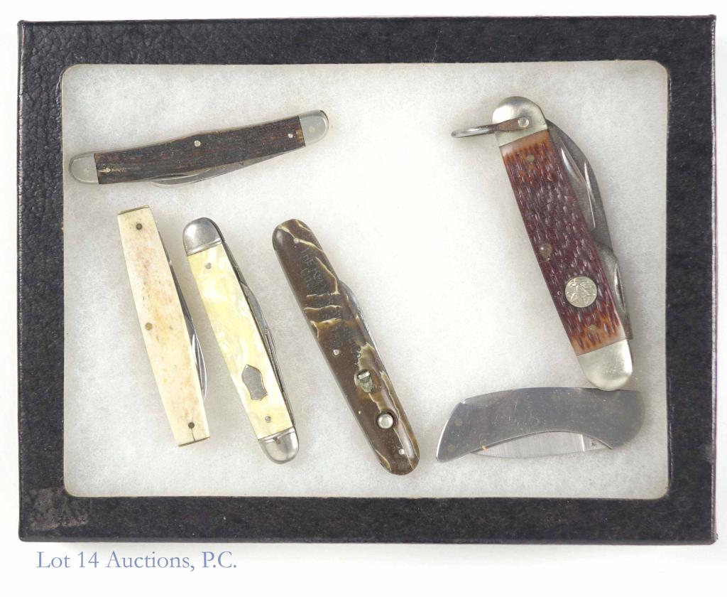 Pocket Knives Collection: Schrade Push button for Keever Starch Co. (blades worn, mechanism works), H. Boker and Co. - very nice condition. Parker Frost Mink- bone handle has small crack. Imperial with faux mother of pearl han