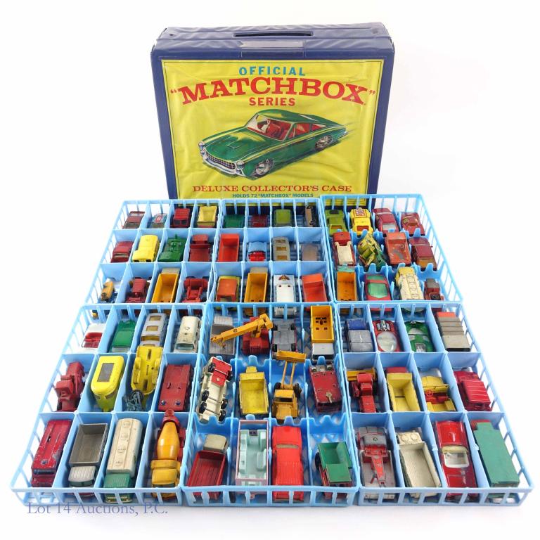 Matchbox Vehicles (70+) (1970s-1980s): Matchbox Vehicles (70+) (1970s-1980s). Comes with a vintage carrying case with space to fit all the vehicles.