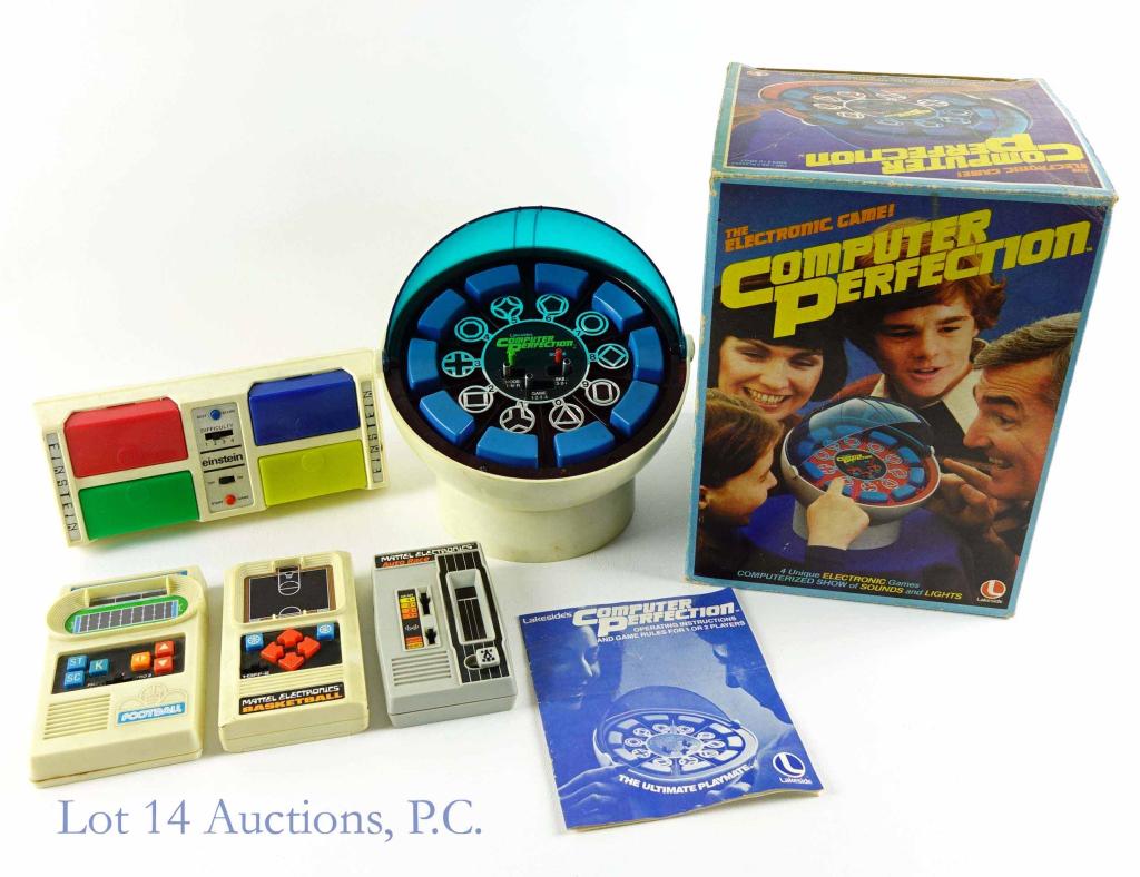 Vintage Mattel Electronics and Castle Toy Einstein: Mattel Electronics Auto Race / Basketball / Football. And Lakeside computer perfection game. Untested in house.