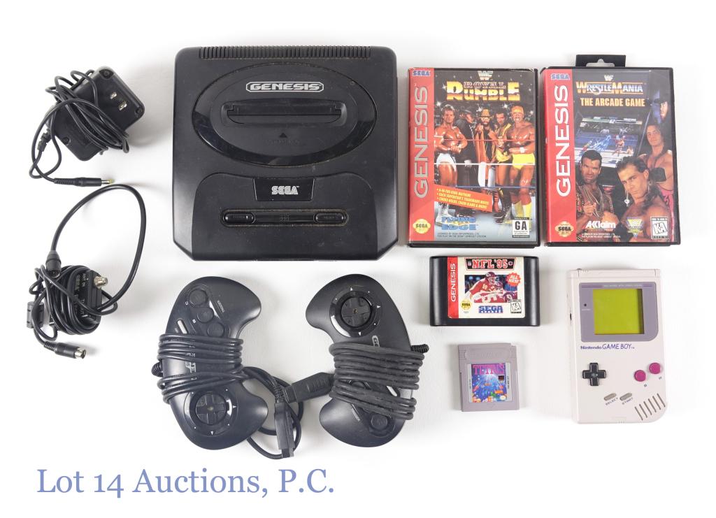 Sega Genesis (With 3 Games) & Nintendo Gameboy: Sega Genesis (With 2 Games) & Nintendo Gameboy. Decent assortment of vintage video games and consoles. Includes a Sega Genesis (with cables + controllers) & a Nintendo Gameboy. Also includes 3 Sega Ge