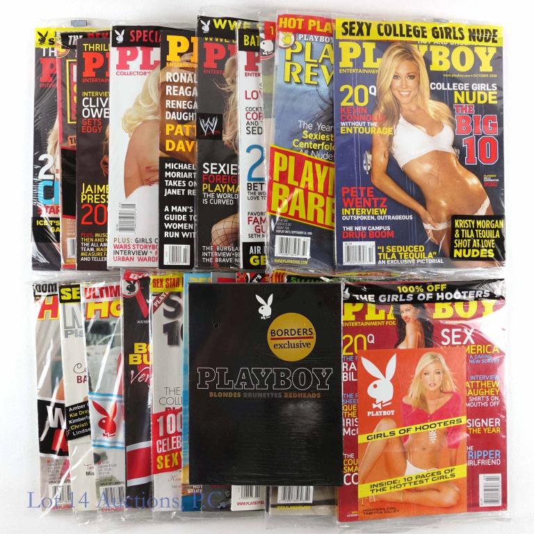 Playboy Magazines (21) and DVD Box Set Adult: Sealed Playboy Blondes - Brunettes - Redheads DVD box set. Many are still sealed in their original plastic packaging and appear to be in good condition. 21 magazines in total.