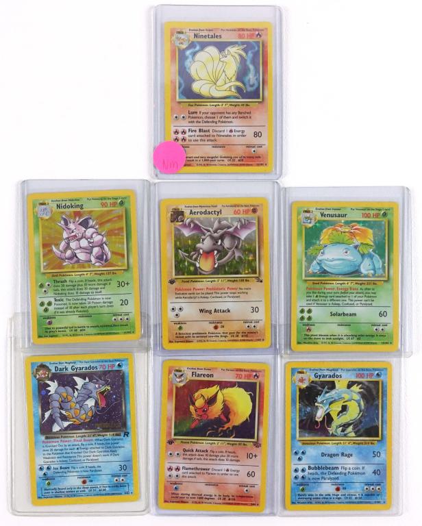 Pokemon Cards (1st Edition & Base Set) (Rare) (7): Pokemon Cards (1st Edition & Base Set) (Rare) (7). Includes Venusaur (15/102), Ninetales (12/102), Nidoking (11/102), Aerodactyl (1st Edition) (1/62), Gyarados (6/102), Dark Gyarados (8/82) & Flareon 