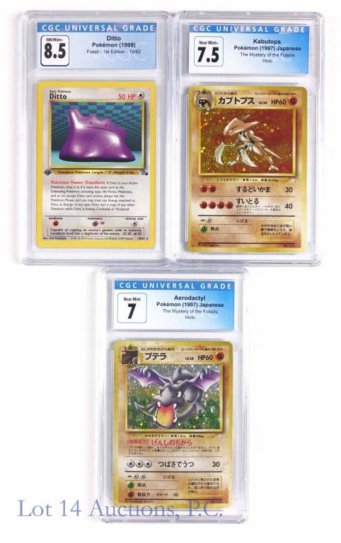 Fossil Deck Pokemon Cards 3(CGC): Graded Fossil Deck Pokemon Cards (CGC). Includes Ditto (1st Edition) (18/62) (CGC 8.5), Kabutops (Japanese) (Holo) (No. 141) (CGC 7.5) & Aerodactyl (Japanese) (Holo) (No. 142) (CGC 7). These cards wer