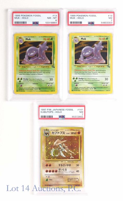 Fossil Deck Pokemon Cards 2(PSA): Graded Fossil Deck Pokemon Cards (PSA). Includes Muk (Holo) (13/62) (PSA 8), Muk (Holo) (13/62) (PSA 7) & Kabutops (Japanese) (Holo) (No. 141) (PSA 7). These cards were released in the US in 1999 & Ja