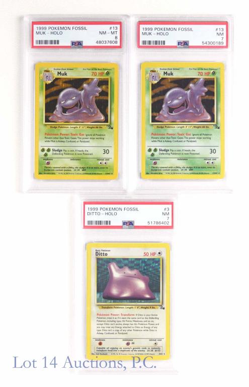 Fossil Deck Pokemon Cards 3(PSA): Graded Fossil Deck Pokemon Cards (PSA). Includes Muk (Holo) (13/62) (PSA 8), Muk (Holo) (13/62) (PSA 7) & Ditto (Holo) (3/62) (PSA 7). These cards were released in the US in 1999. Nintendo, Creatures,