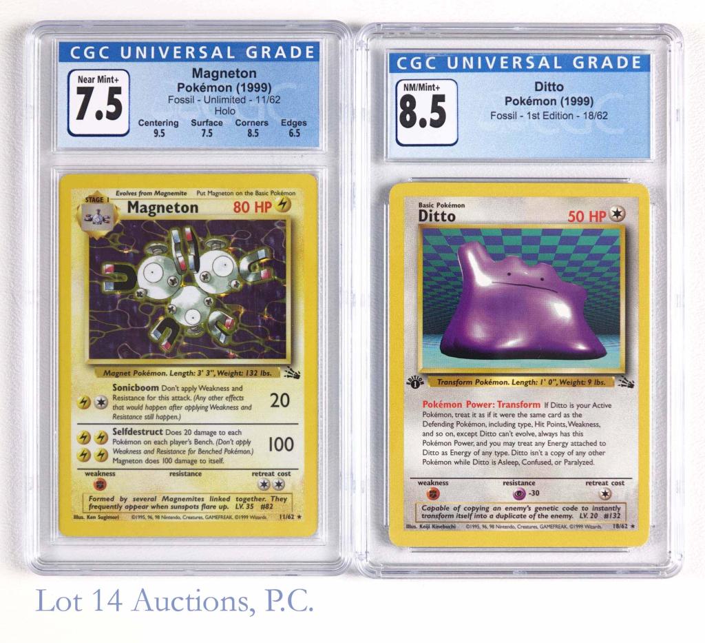 Fossil Deck Pokemon Cards 2(CGC): Graded Fossil Deck Pokemon Cards (CGC). Includes Magneton (Holo) (11/62) (CGC 7.5) & Ditto (1st Edition) (18/62) (CGC 8.5). These cards were released in the US in 1999. Nintendo, Creatures, Gamefreak