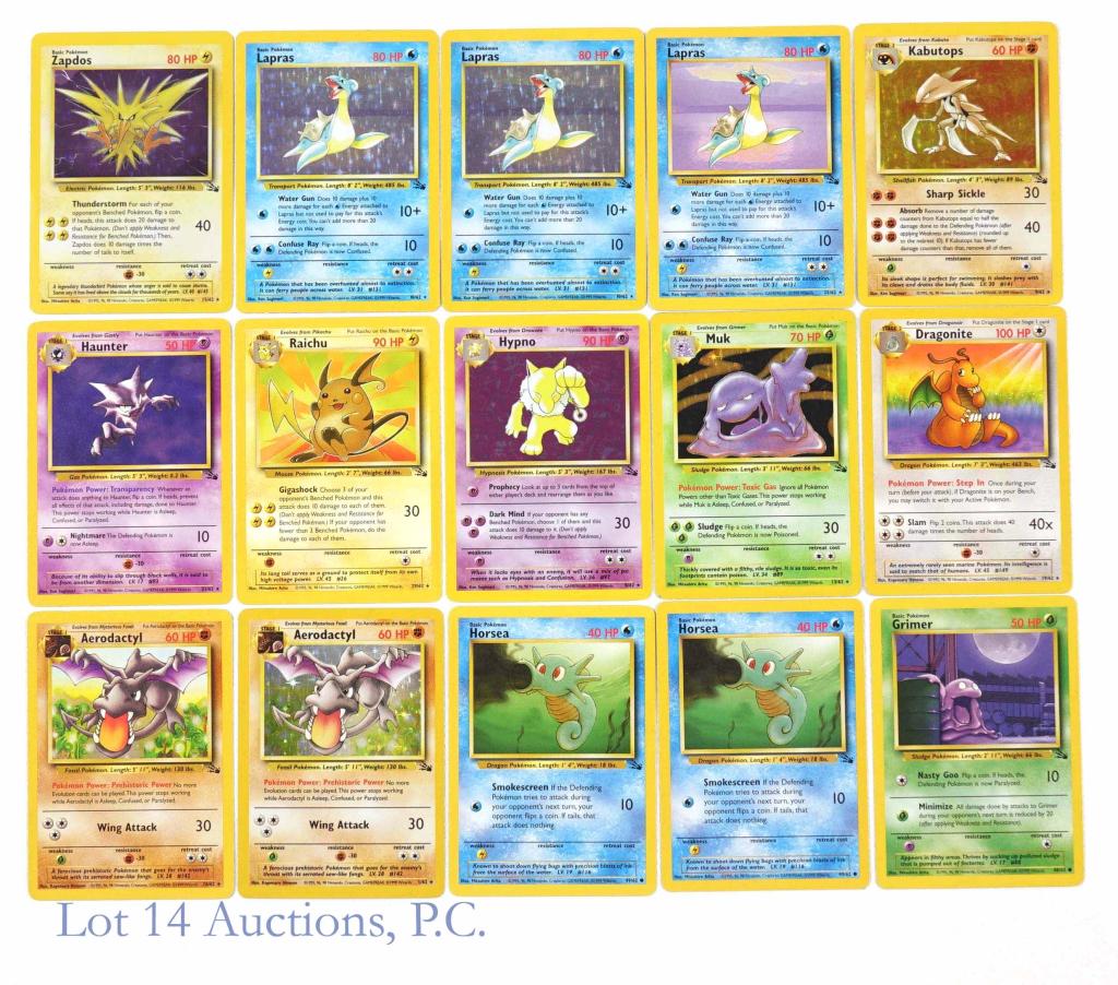 Pokemon Cards (Fossil Deck) (15 Total): Pokemon Cards (Fossil Deck) (15 Total). Includes Zapdos (15/62), (2) Lapras (10/62), Lapras (25/62), Aerodactyl (1/62), Aerodactyl (16/62), Kabutops (9/62), Haunter (21/62), Raichu (29/62), Hypno (8/6