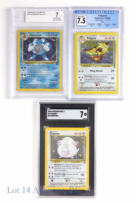 Base Set 2 Pokemon Cards 3(CGC & Beckett): Graded Base Set 2 Pokemon Cards (CGC, SGC & Beckett). Includes Pidgeot (Holo) (14/130) (CGC 7.5), Poliwrath (Holo) (15/130) (Beckett 7) & Chansey (Holo) (3/130) (SGC 7). These cards were released in t