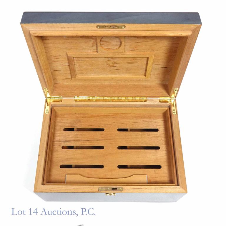 Cigar Humidor: Humidor. 13-1/2 x 6-3/8 x 9-1/2". Key included. Interior looks to be a in great shape! Exterior has light use. Wood inlay.
