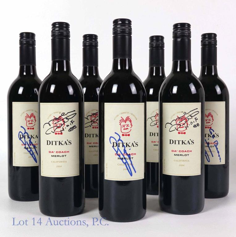 Mike Ditka's Da' Coach Merlot Signed Bottles (7): **IF YOU NEED SHIPPING ON BOTTLES OR DECANTERS PLEASE CALL US BEFORE BIDDING! 847-625-0555!** 7 bottles of Mike Ditka's signature Da Coach Merlot wine. Each bottle hand signed by Pro Football Hall of