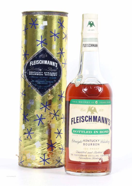 1958 Fleischmann's Bourbon Whiskey - BiB: **IF YOU NEED SHIPPING ON BOTTLES OR DECANTERS PLEASE CALL US BEFORE BIDDING! 847-625-0555!** 100 proof, 4/5 qt and sealed. With canister- in rougher shape. Illinois tax stamp. Tax strip: 01608716.