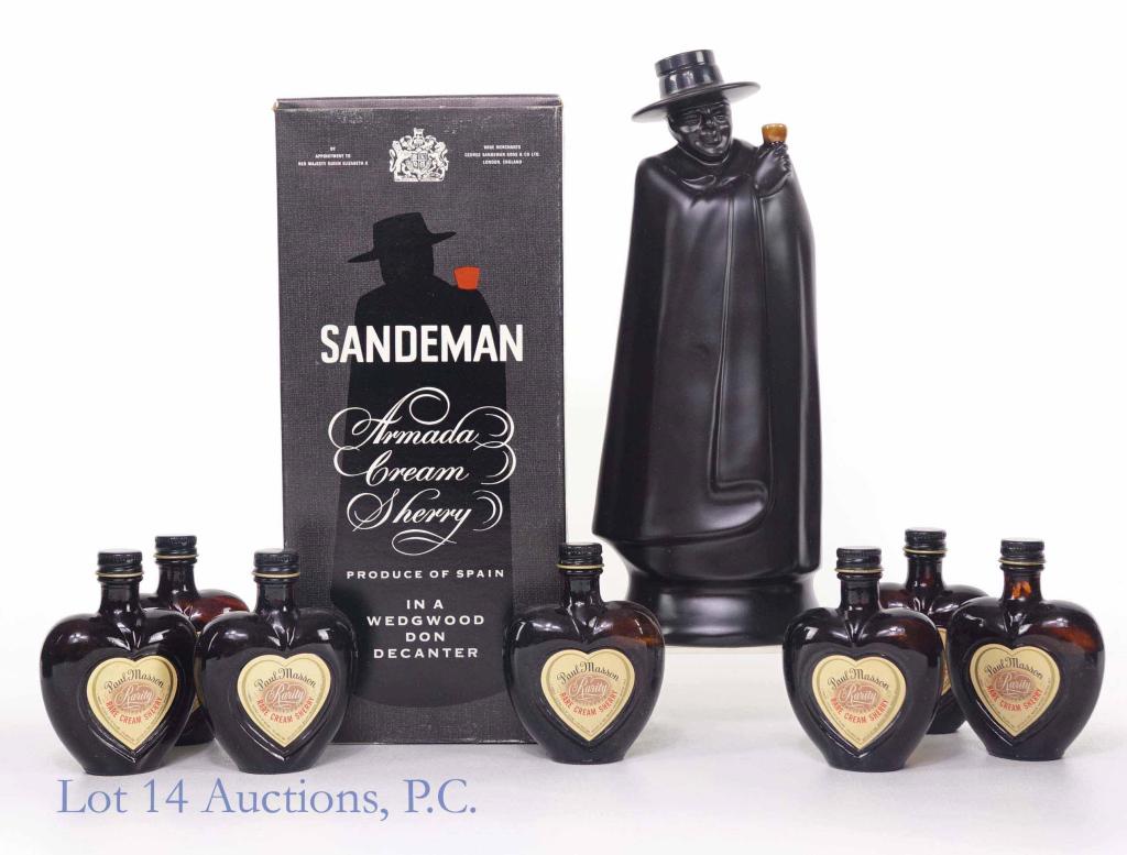 Sandeman Cream Sherry and Mini Hearts (7): **IF YOU NEED SHIPPING ON BOTTLES OR DECANTERS PLEASE CALL US BEFORE BIDDING! 847-625-0555!** 7 mini heart shaped bottles of Paul Masson Rare Cream Sherry: 20%, 2 ounces, and all sealed. Sandeman Crea