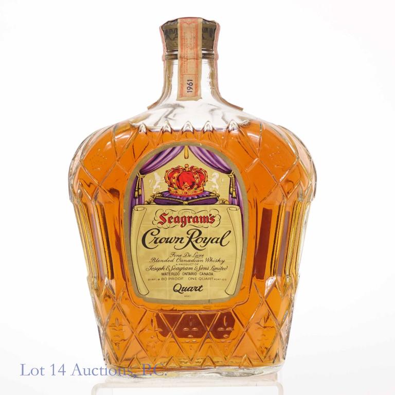 1961 Crown Royal Whisky: *** IF YOU MAY NEED SHIPPING, PLEASE CALL US BEFORE BIDDING ON BOTTLES! 847-625-0555. *** 80 proof, 1 quart and sealed.