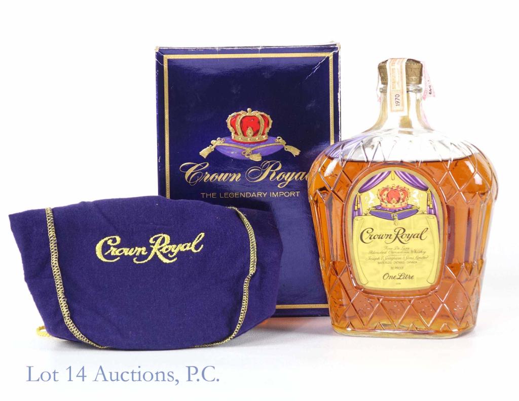 1970 Crown Royal Canadian Whisky: *** IF YOU MAY NEED SHIPPING, PLEASE CALL US BEFORE BIDDING ON BOTTLES! 847-625-0555. *** 80 proof, 1 liter, and sealed. With bag and box.