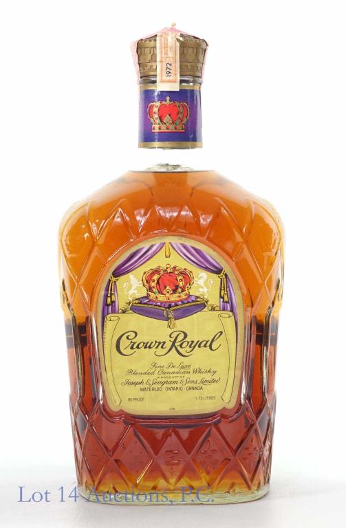 1972 Crown Royal Whisky - 1.75 L: *** IF YOU MAY NEED SHIPPING, PLEASE CALL US BEFORE BIDDING ON BOTTLES! 847-625-0555. *** 80 proof, 1.75 L and sealed.