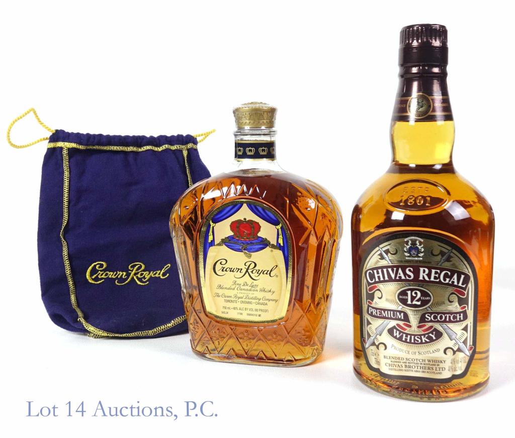 Chivas and Crown Royal Whisky (2): **IF YOU NEED SHIPPING ON BOTTLES OR DECANTERS PLEASE CALL US BEFORE BIDDING! 847-625-0555!** Chivas Regal 12 year Scotch whisky. Sealed. 80 proof. 750 ml. **** Crown Royal. 80 proof. 750 ml. Purple b