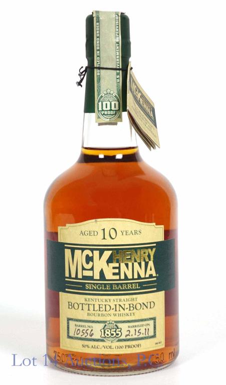 McKenna Bourbon Whiskey (10 Yr, BiB): **IF YOU NEED SHIPPING ON BOTTLES OR DECANTERS PLEASE CALL US BEFORE BIDDING! 847-625-0555!** McKenna bourbon whiskey. 10 year. Bottled in bond. Full and sealed. 100 proof. 750 ml. Barrel H 10556. Bar